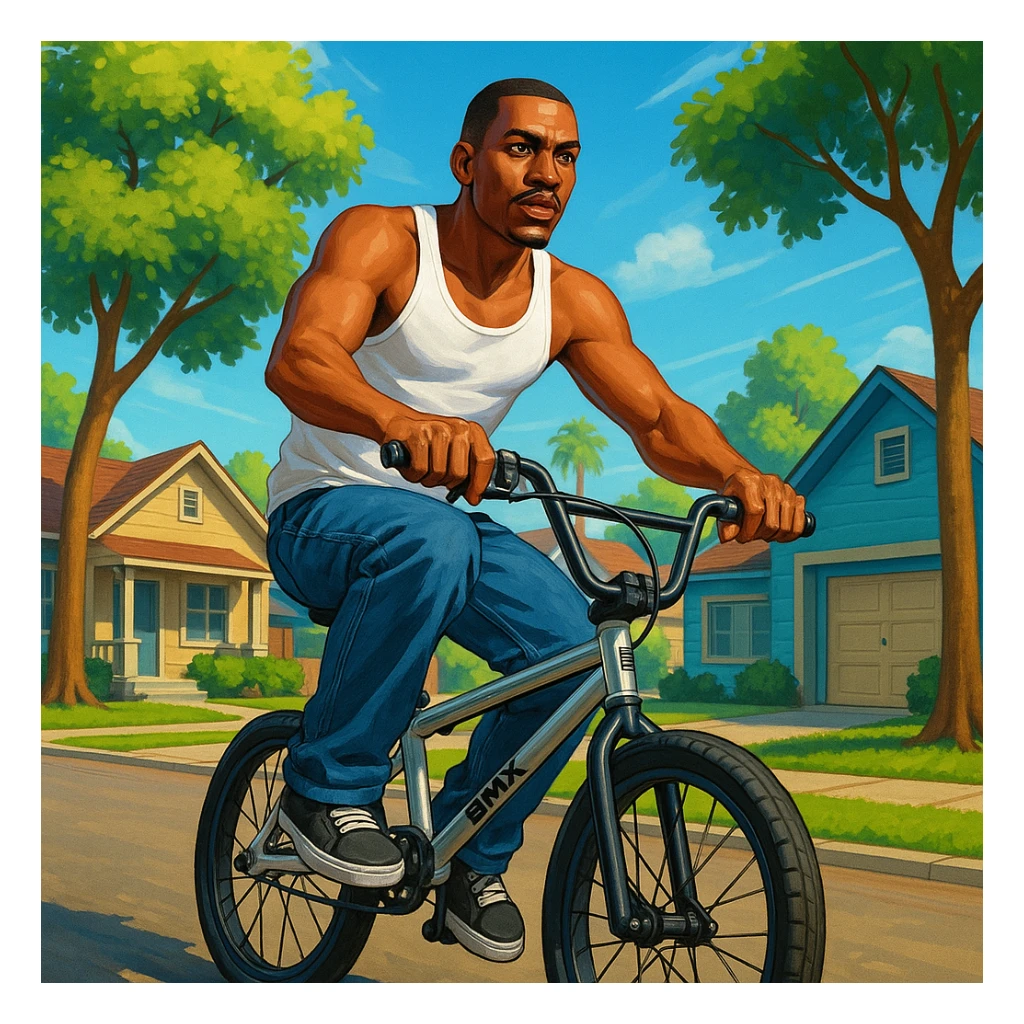 CJ from GTA San Andreas riding a BMX in a suburban background sticker
