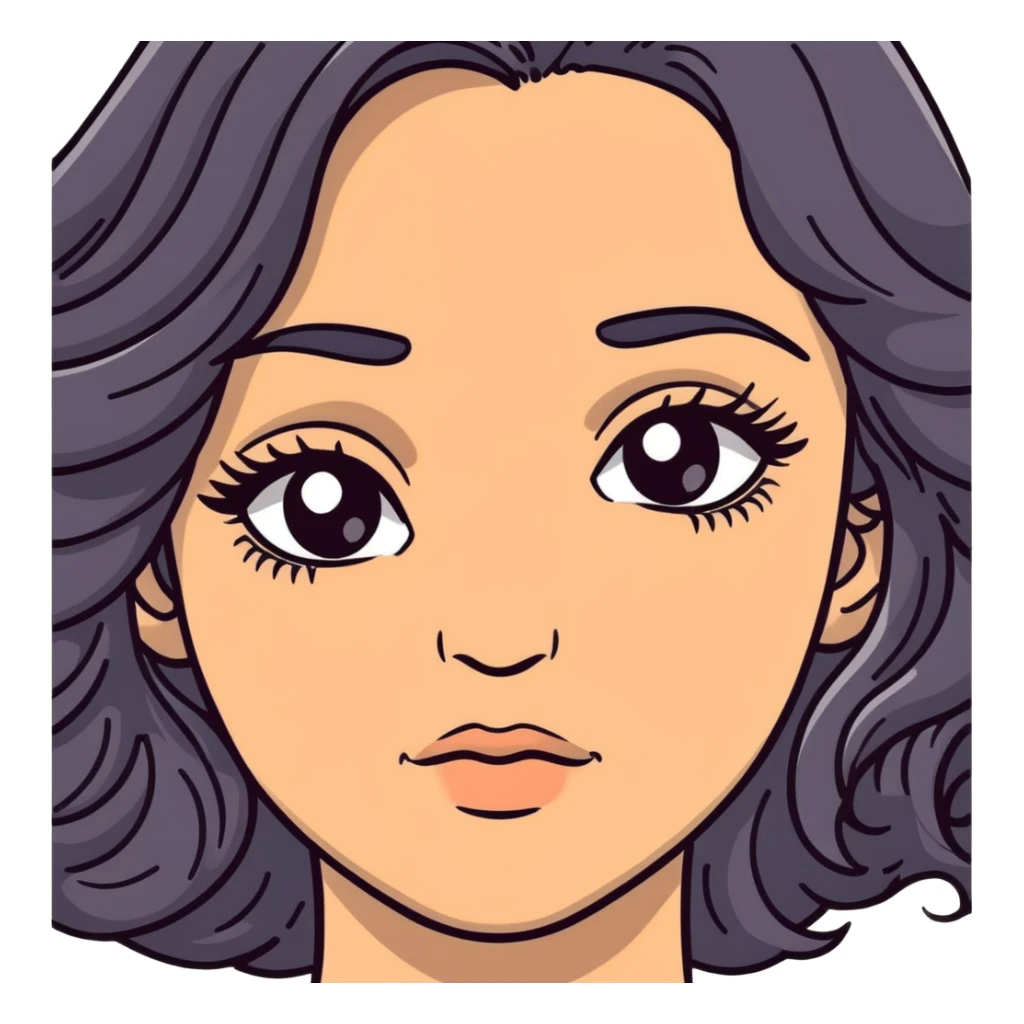 woman face with big grey eyes, medium skin tone, and black wavy hair sticker