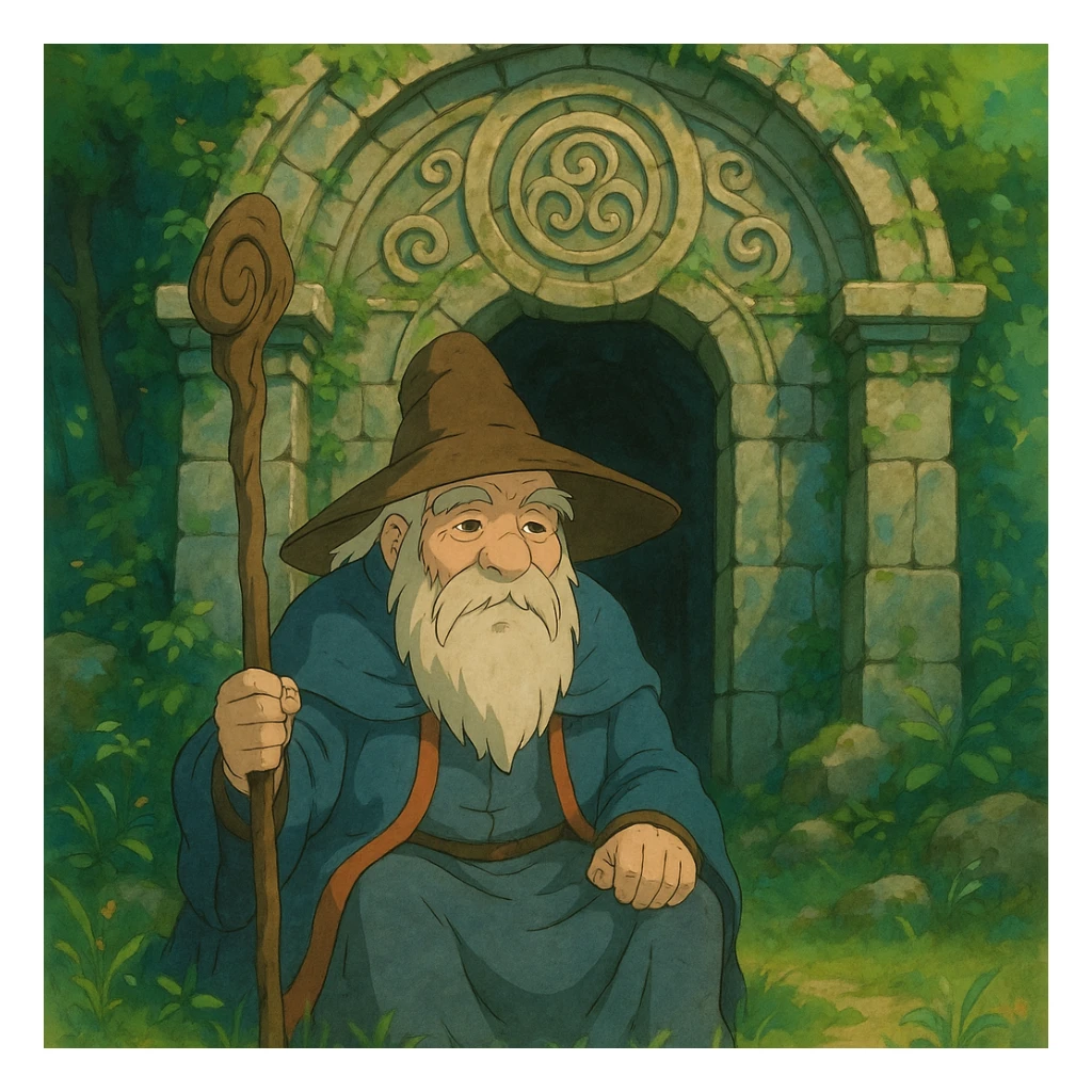 ghibli style scene of a wise old gatekeeper at a mystical gate sticker