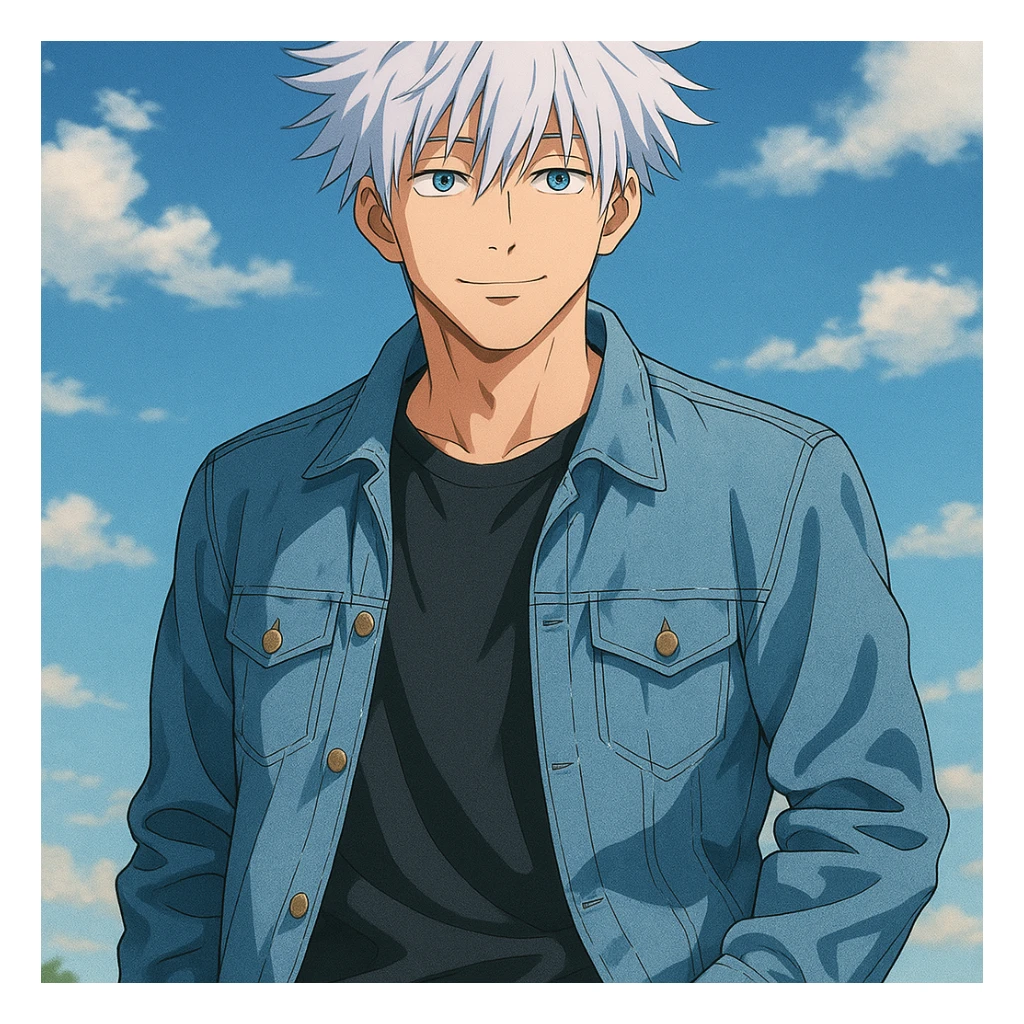 Gojo Satoru, casual outfit, relaxed expression, anime style sticker
