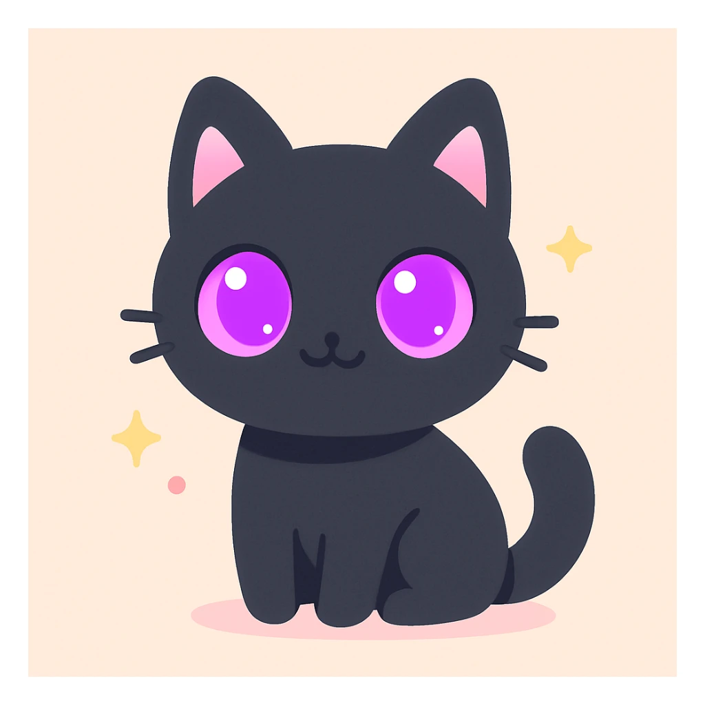 stylized black cat with glossy fur and vibrant purple eyes, sitting sticker