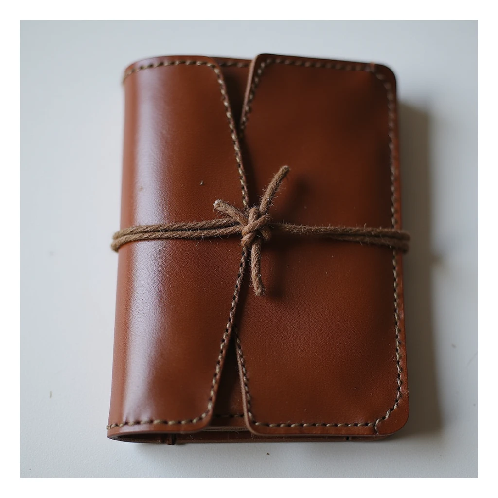 realistic leather journal, rich brown color, visible stitching, closed, elegant and classic sticker