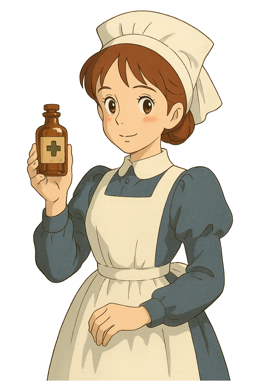 victorian nurse holding a medicine bottle sticker