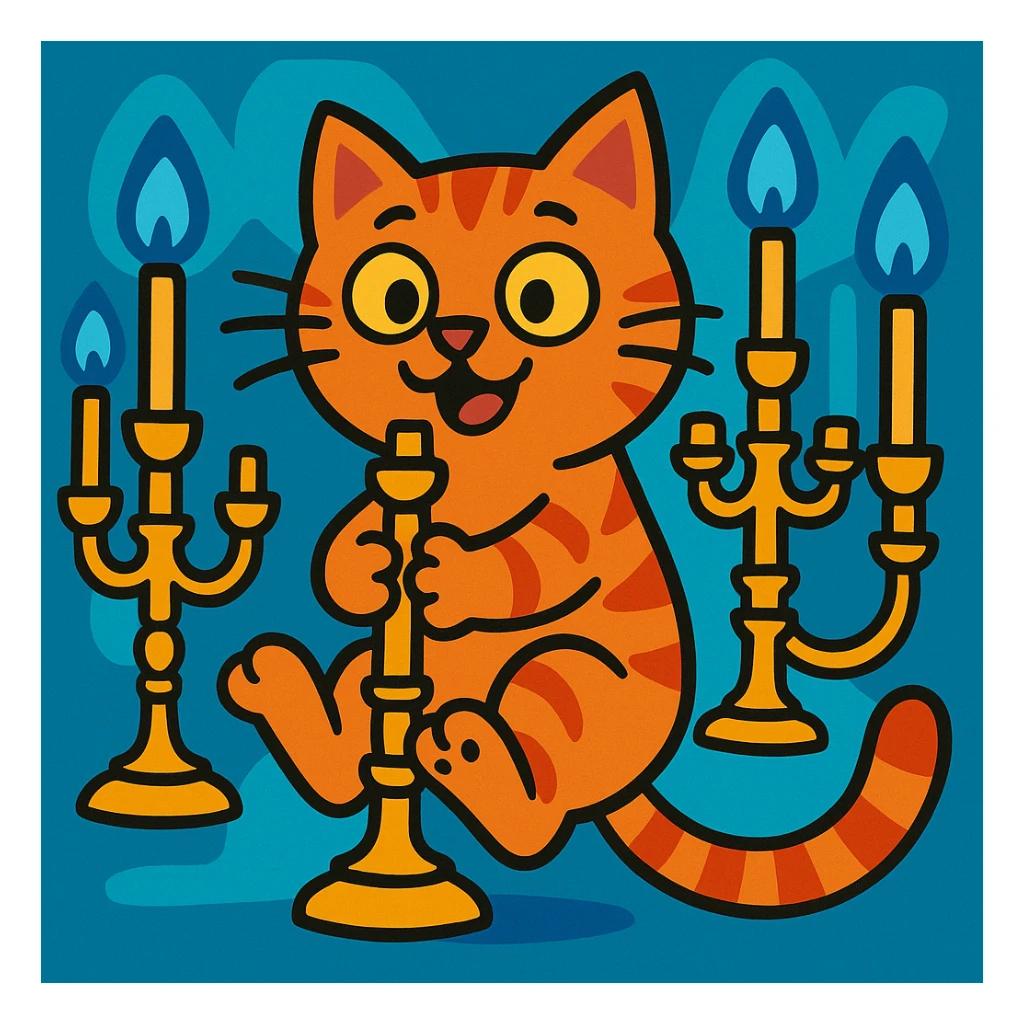 playful cat grasping three candelabra-style lamps, each lamp with three arms, vibrant and fun sticker