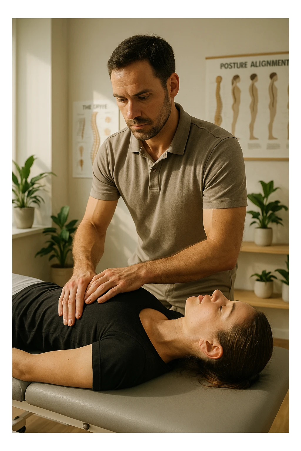 A realistic, cinematic illustration of a professional osteopath in his late 30s, wearing a fitted polo shirt in a neutral color, performing gentle manual manipulations on a patient to improve posture. The osteopath uses precise hand placement along the patient's upper back and cervical spine while the patient lies on a comfortable treatment table in a bright, modern clinic. Anatomical posters showing the spine and posture alignment are on the wall, and the room has warm, natural lighting with plants for a calming atmosphere. The scene emphasizes hands-on osteopathic care to restore body alignment, spinal mobility, and posture, showcasing trust, professionalism, and holistic care sticker