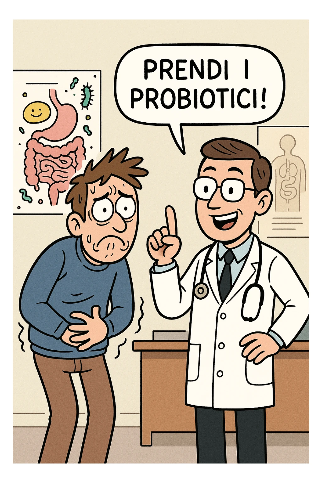 Uomo che ha disbiosi evidente e il dottore gli dice "Prendi i Probiotici!" sticker
