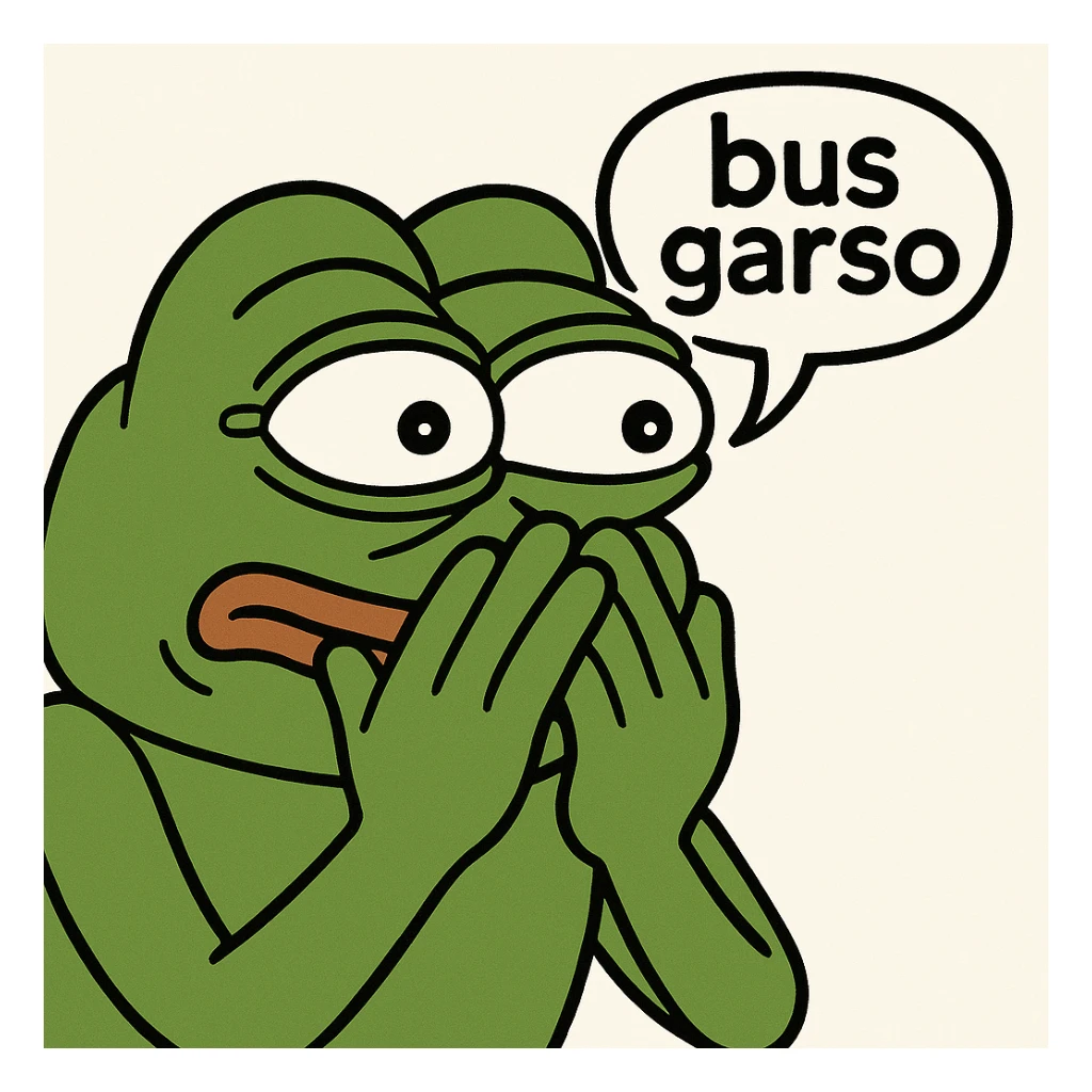 Edit the classic Pepe the Frog in 3D emoji style with both hands over mouth, eyes wide, barely holding back laughter, with a speech bubble 'bus garso'. Keep the classic Pepe look from the reference, no drink, focus on face and expression. Variant 2. sticker