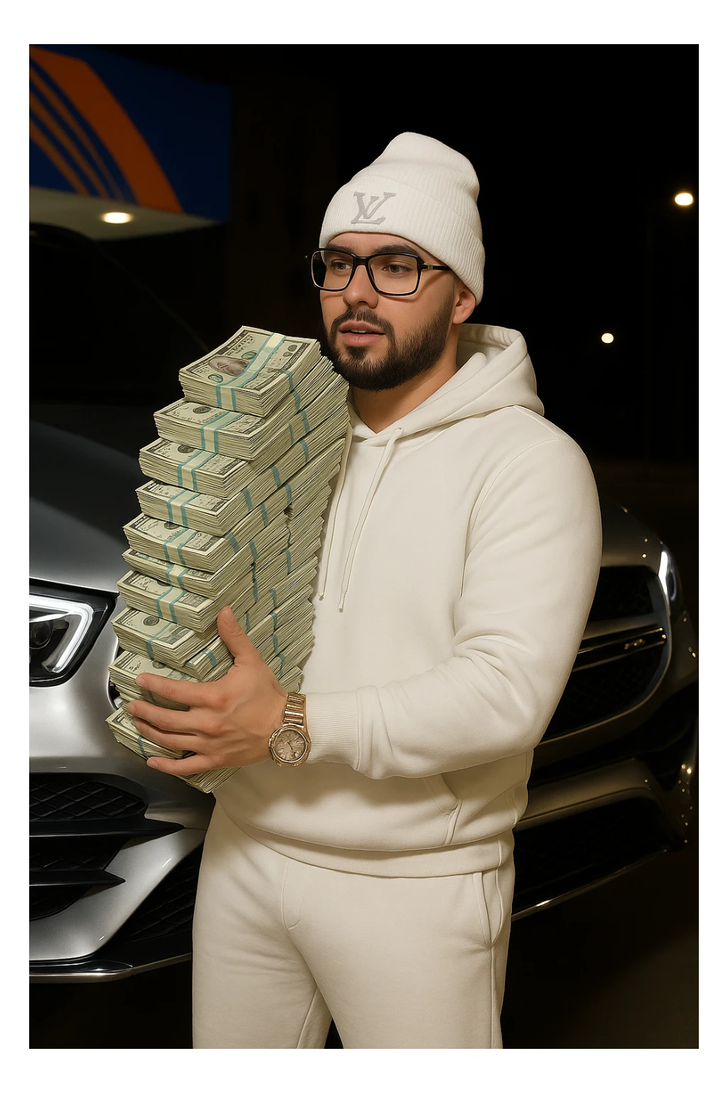 Add Cartier glasses to the person in the image. Keep all previous changes: white skin tone, black goatee and facial hair, white hoodie, white sweats, white Louis Vuitton beanie, realistic money, everything else chrome, AMG in the background. Maintain a realistic and detailed style. sticker