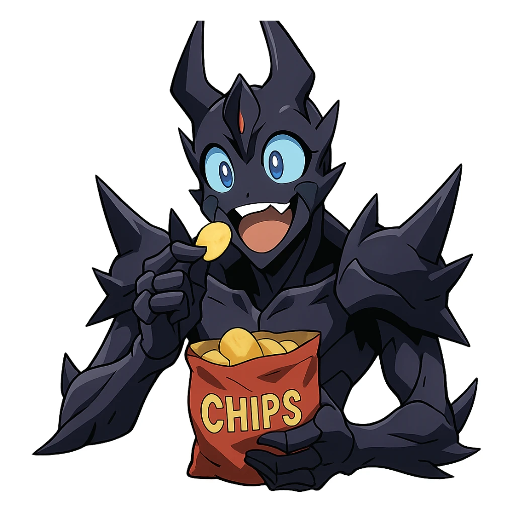 anime style Beru from Solo Leveling eating chips, expressive and cute sticker