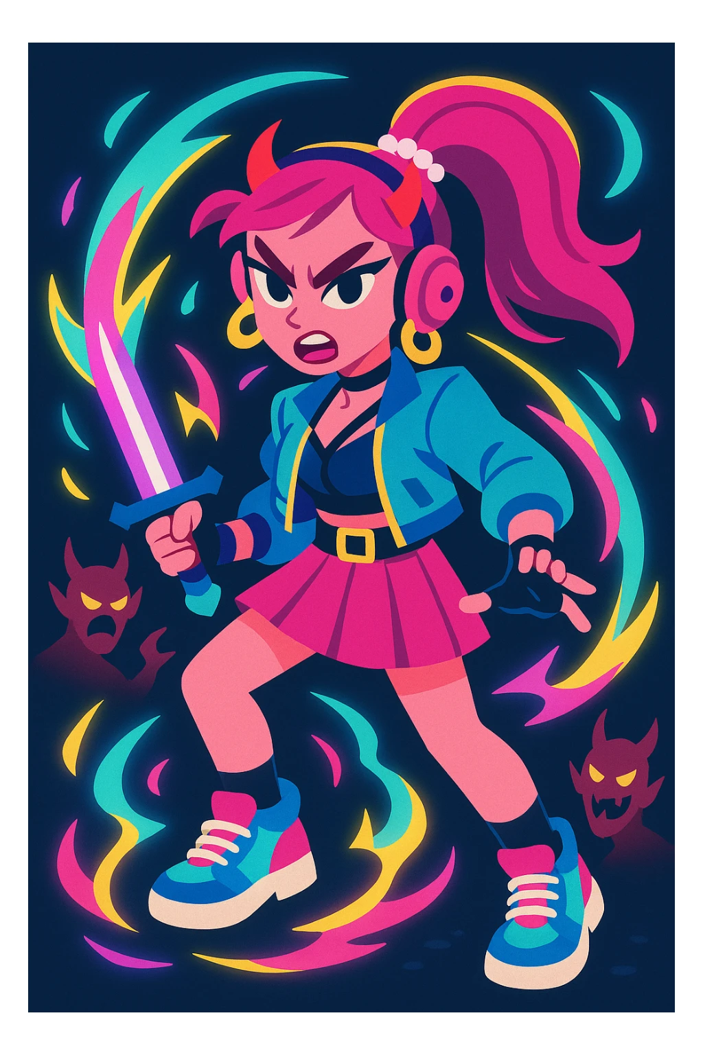 Zoey as a K-pop demon hunter, neon colors, magical aura, fierce expression, trendy accessories sticker