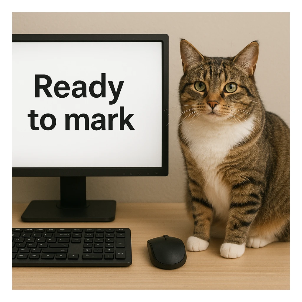 A cat sitting next to a computer with the inscription 'Ready to mark' sticker