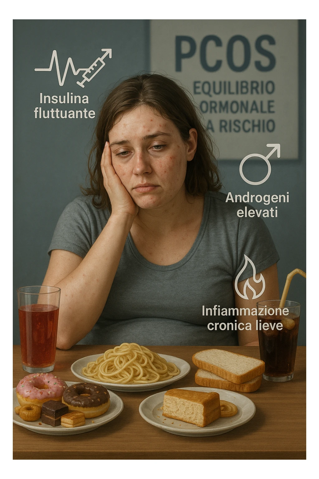 Donna tra i 25 e i 35 anni, seduta a tavola con un’espressione stanca e gonfia. Sul tavolo ci sono alimenti sbagliati per la sua condizione: dolci raffinati, pane bianco, pasta, bibite zuccherate. Intorno al suo corpo si vedono elementi simbolici che rappresentano gli effetti della PCOS peggiorata: insulina fluttuante, androgeni elevati, infiammazione bassa cronica. La sua pelle appare acneica, gonfiore addominale visibile, sguardo affaticato. Sullo sfondo, un cartello sfocato con scritto 'PCOS – equilibrio ormonale a rischio'. Stile realistico con elementi simbolici, toni freddi ma chiari in italiano sticker