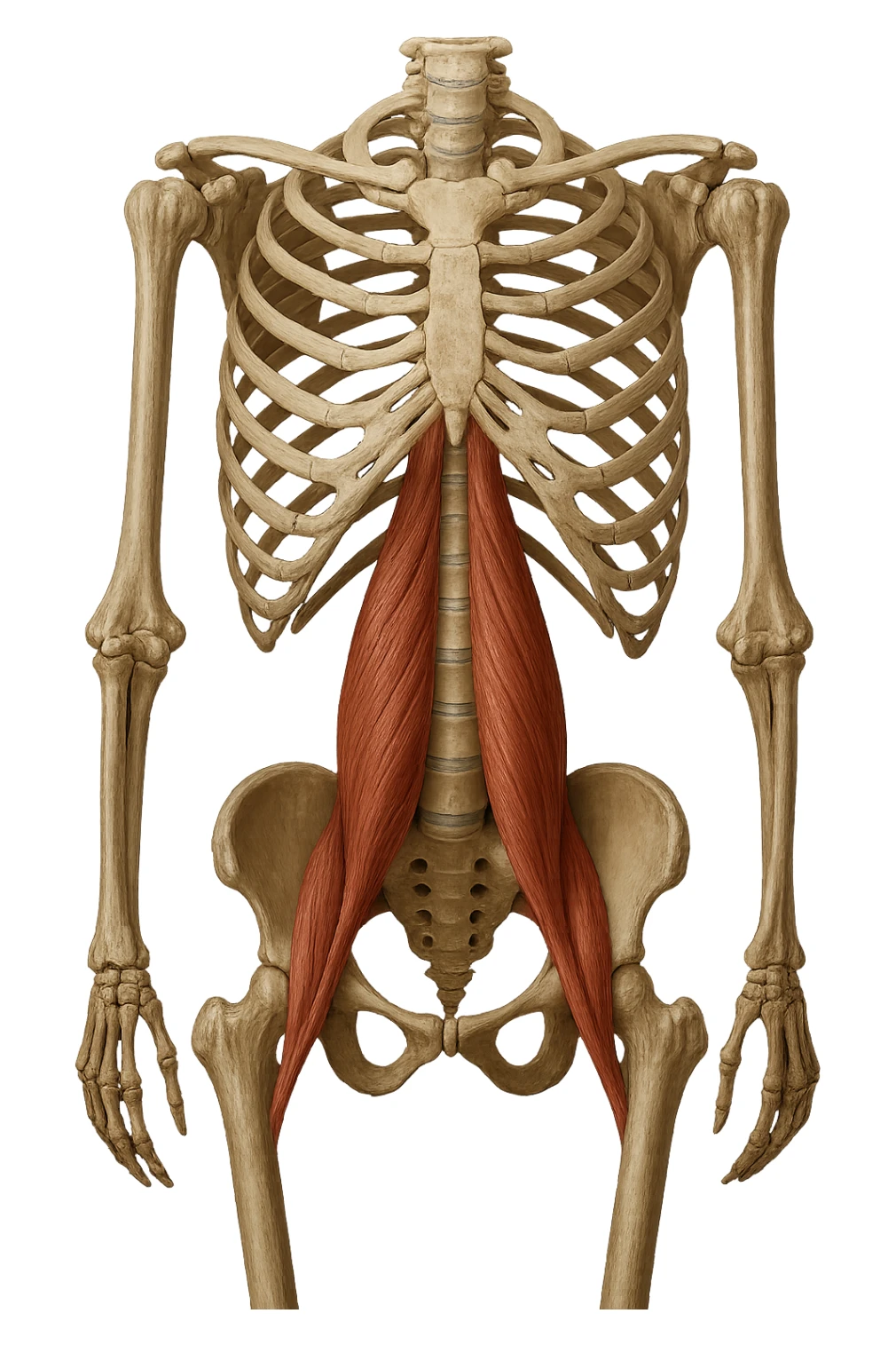 fai un immagine identica che riguarda IL MUSCOLO PSOAS i in evidenza (anatomicO) con colori naturali di un corpo umano. falla iperrealistica anatomica in 4k sticker
