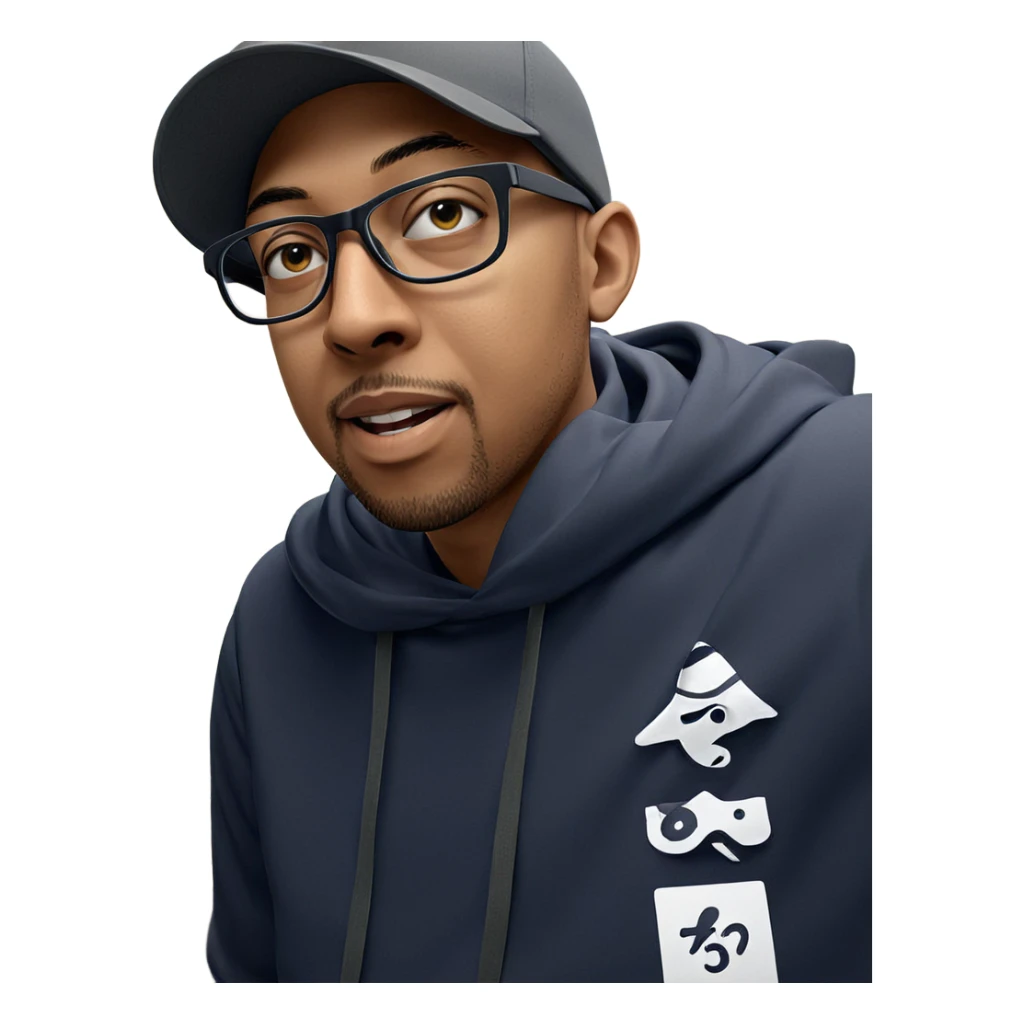 boy in hoodie with hat sticker