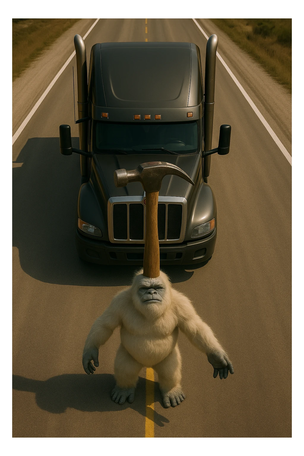 Add a hammer on top of the abominable snowman's head, keep the scene realistic, top-down view, no text. sticker