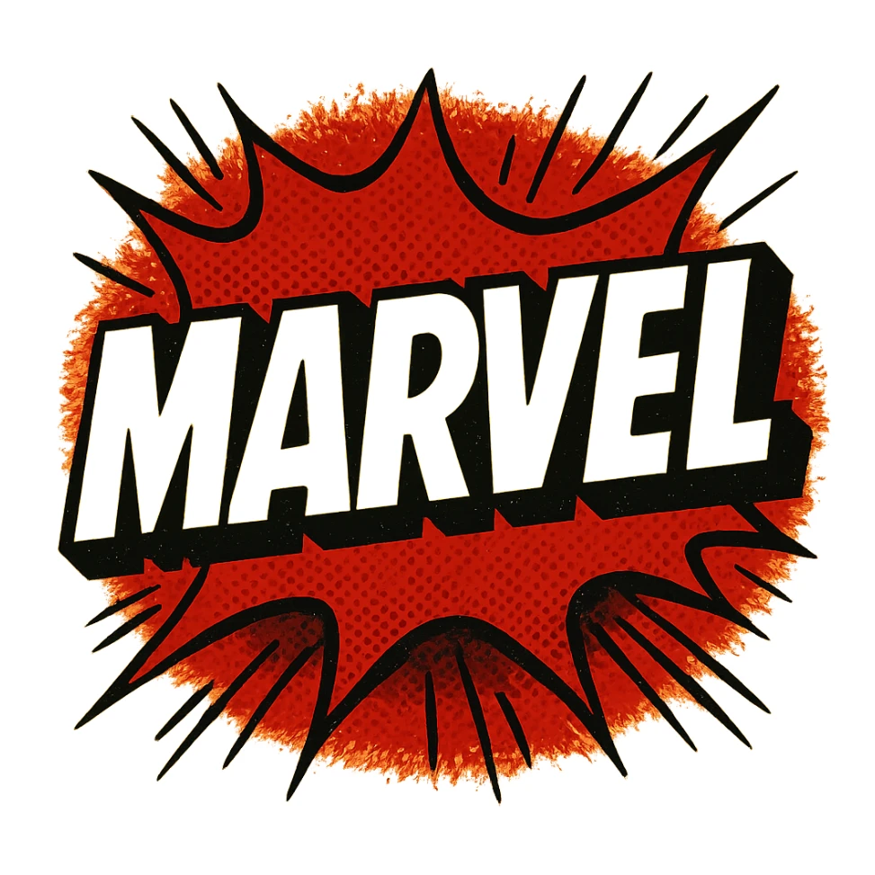 logo inspired by Marvel, dynamic red background, white bold text, energetic comic feel sticker