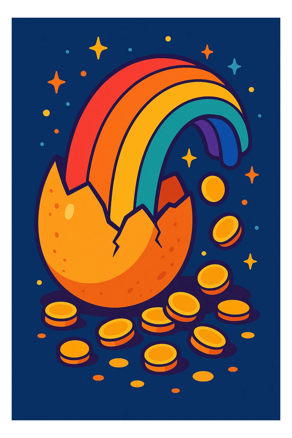 a cracked egg with a rainbow and coins spilling out, magical, vibrant sticker