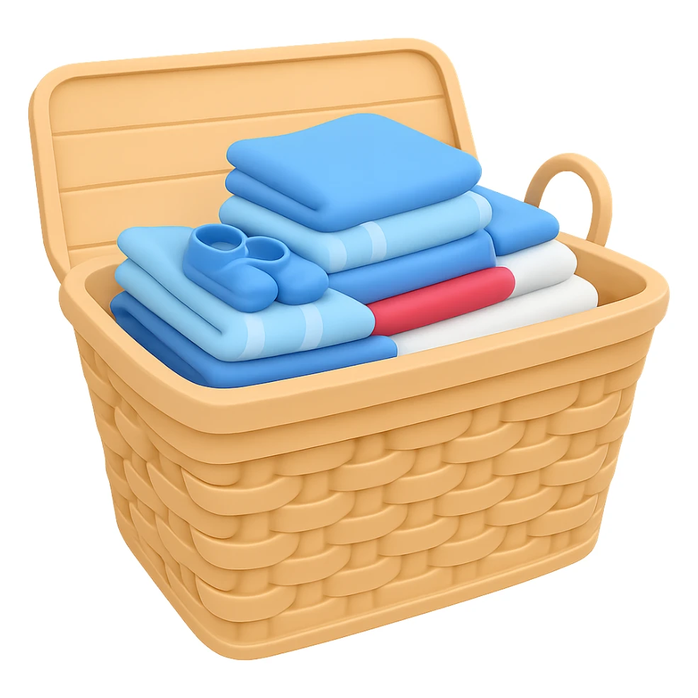 Make the wicker basket a little lighter in color, keep folded towels on top, in the style of emoji. Remove the background. sticker