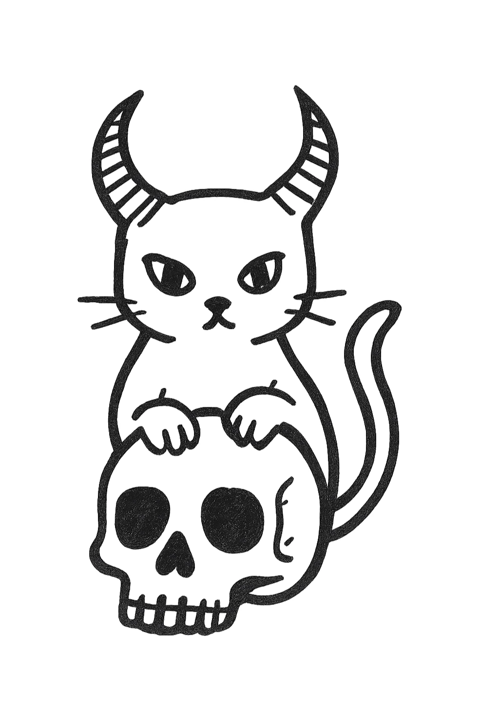 black cat with large demon horns, front paws resting on a human skull, hand drawn style, bold lines, no fill sticker