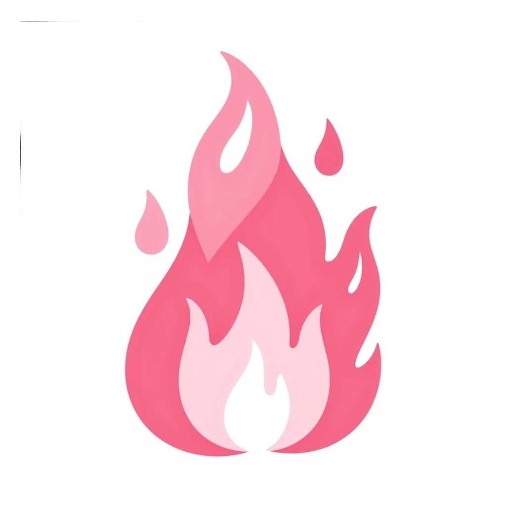 hand-drawn style pink flame with several distinct flame parts, sharp transitions, bold contours, beautiful layered flame shapes with stylized shadows and highlights, no face or eyes sticker