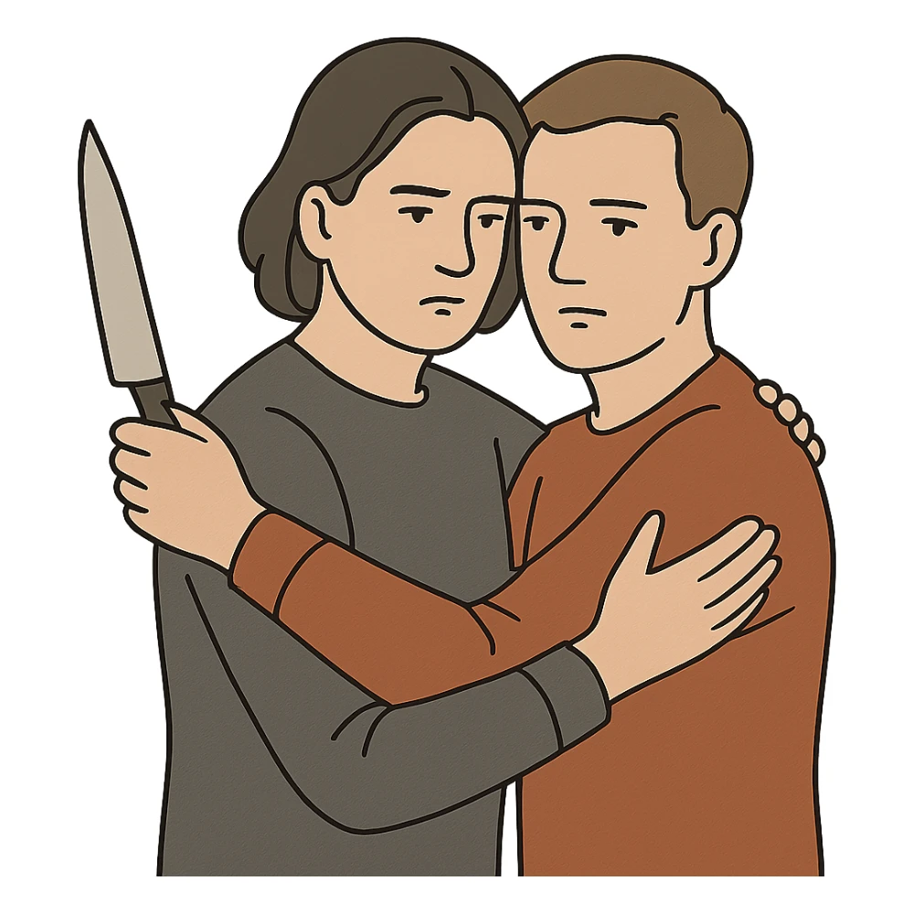 a person holding a knife in one hand, hugging another person, both with neutral expressions, clear body language, no background sticker