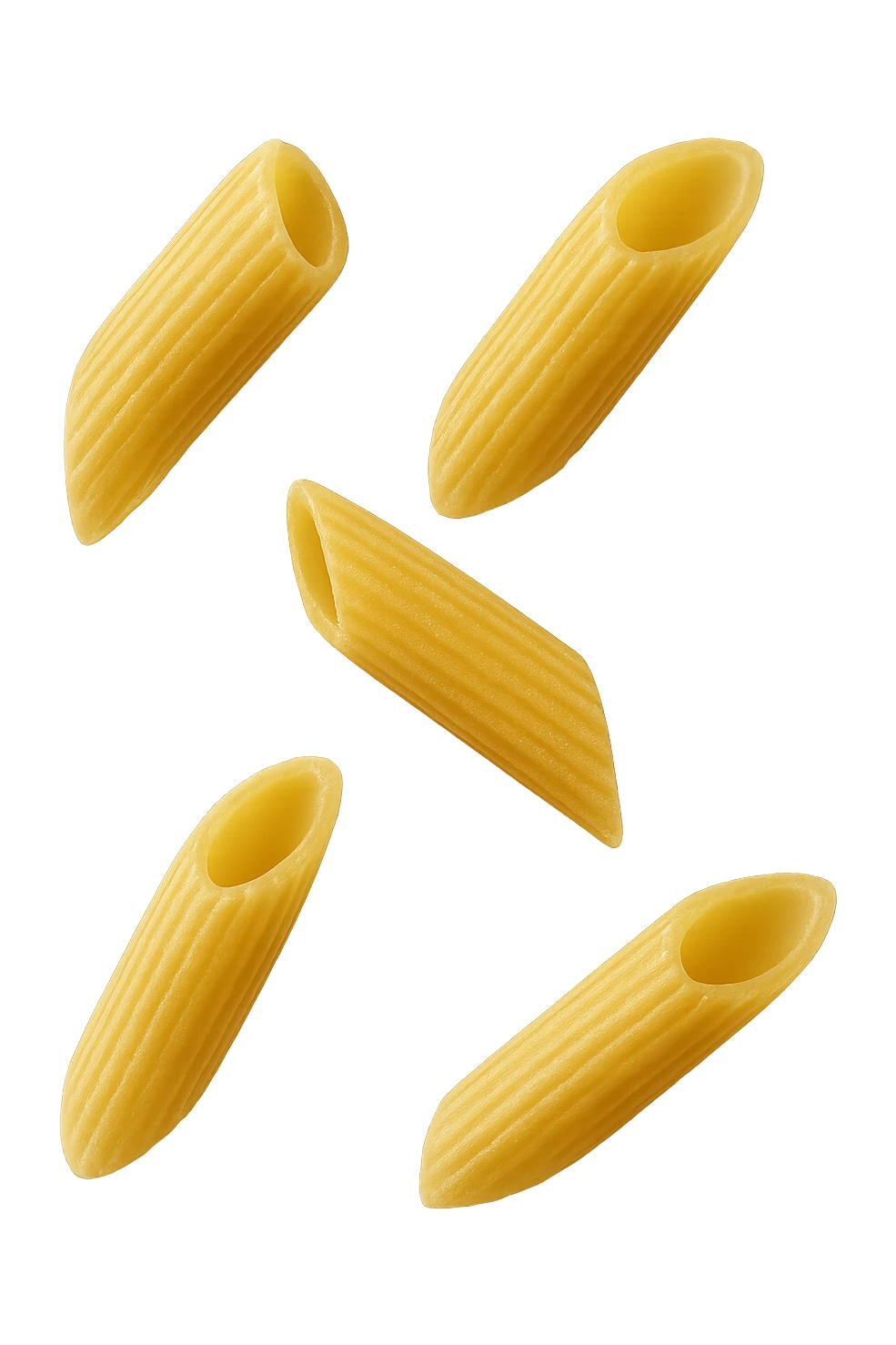 5 PENNE DI PASTA RIGATE FLUTTUANO IN ARIA,  iperrealistico 4k sticker