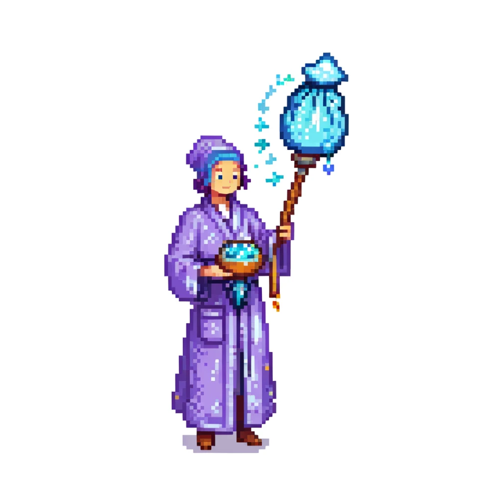 Portrait of a galactic baker in skeuomorphism style, same pose and lighting as previous levels, wearing a nebula-textured robe, holding a galaxy-shaped whisk, glowing flour particles floating around sticker