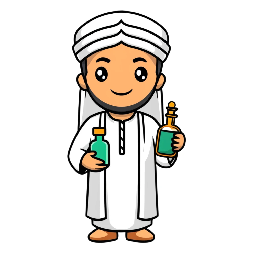 Arab man in traditional clothes holding a medicine bottle sticker