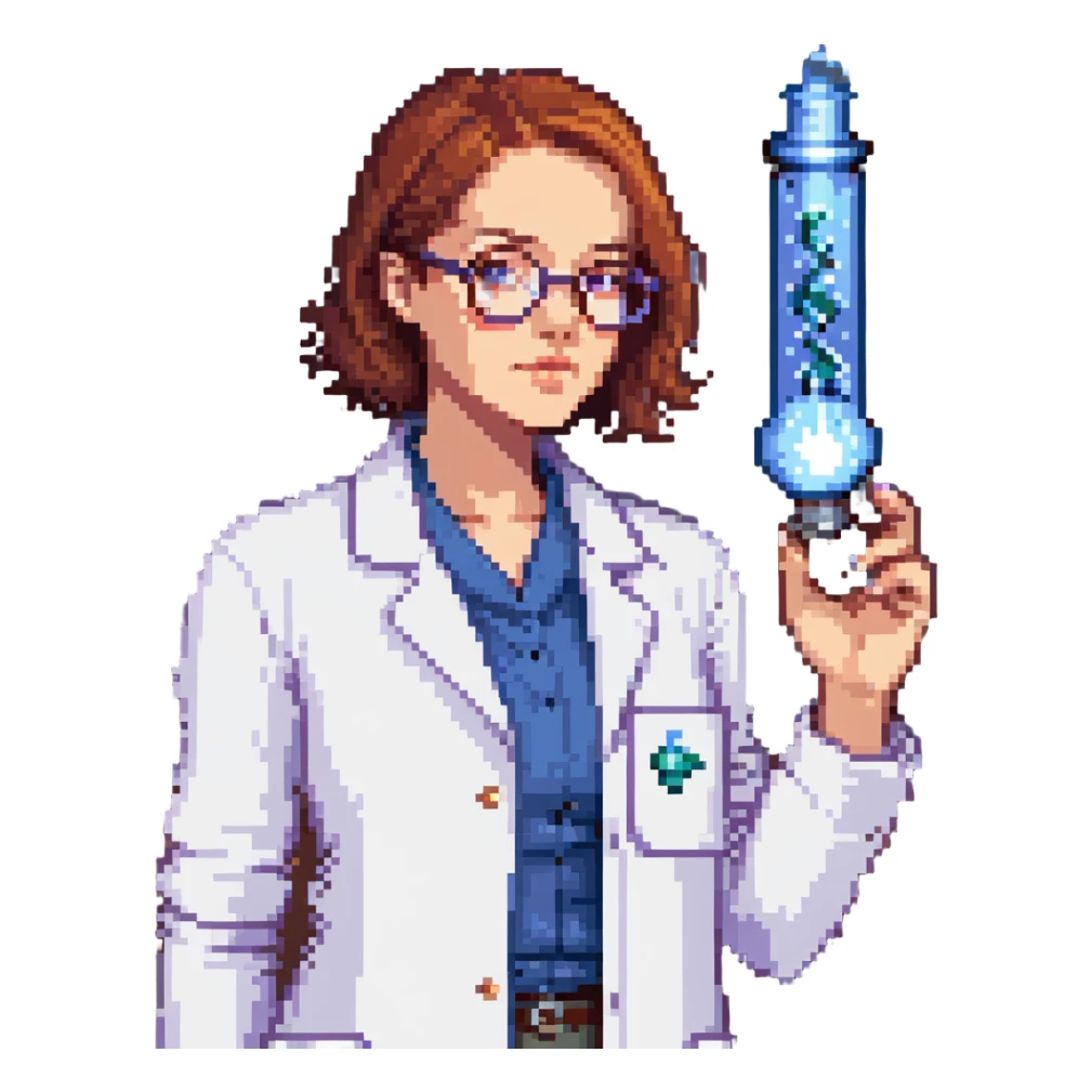 Flat pixel art, a female chemist, wearing glasses, white lab coat over indigo shirt, focusing on lab experiment, holding a flash in her right hand, waist-up, front-facing sticker