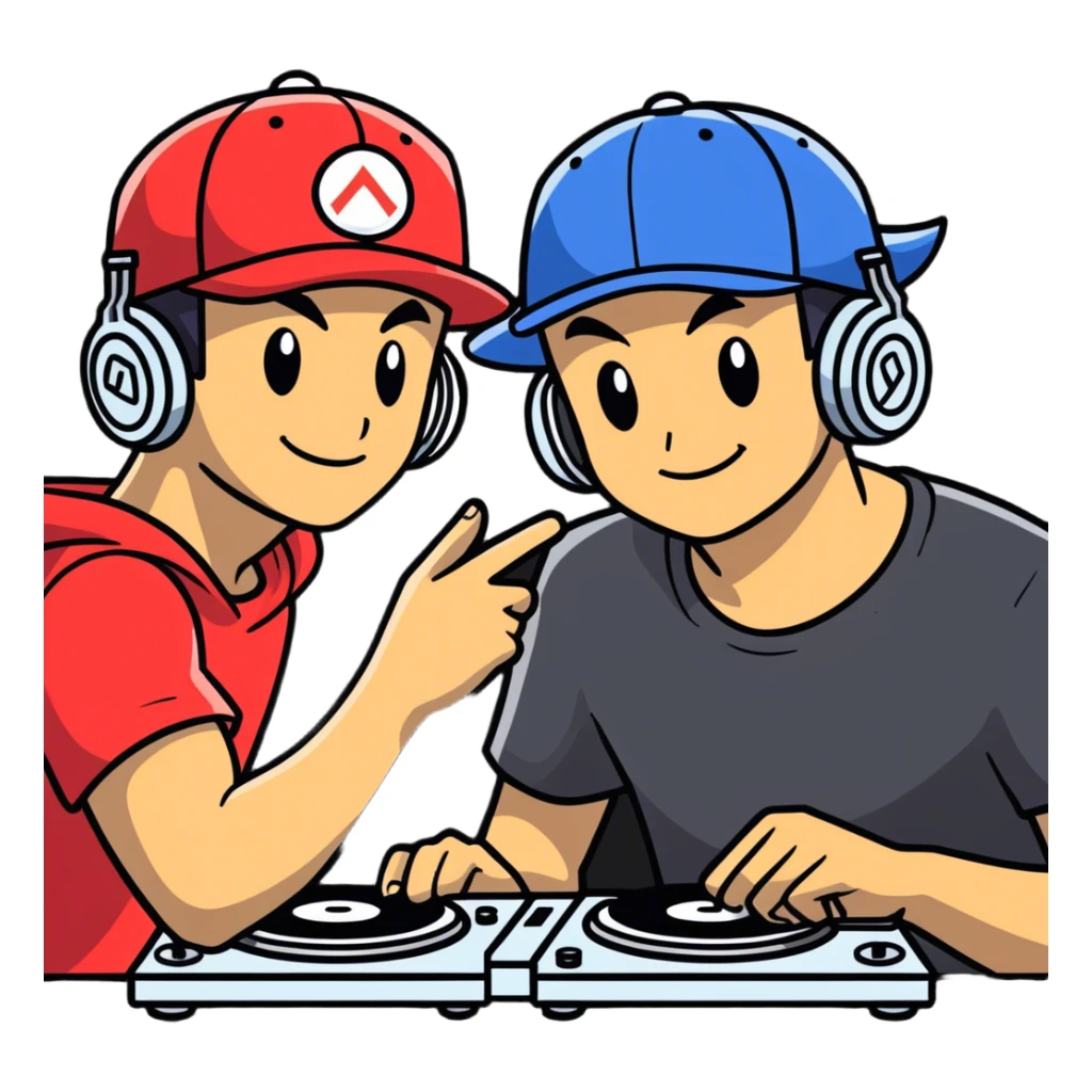 Hot handsomeb muscular 6ft tall smiling happy clean shaven ash ketchum being a  dj and his music rocks while kissing two friends sticker