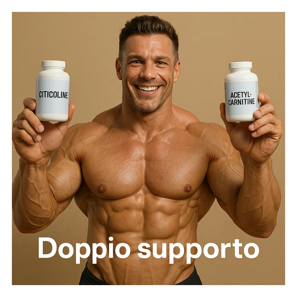 hyper realistic bodybuilder smiling showing citicoline and acetylcarnitine, defined muscles, visible labels, text 'Doppio supporto', positive atmosphere sticker
