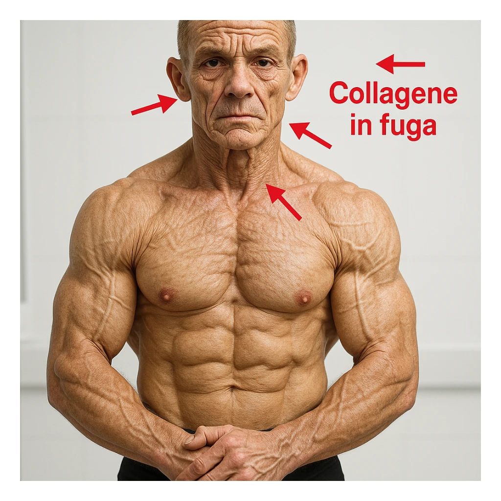 hyper realistic 25 year old bodybuilder with low collagen, aged appearance, defined muscles, skin with deep expression lines, red arrows and text 'Collagene in fuga', clinical atmosphere, white background sticker