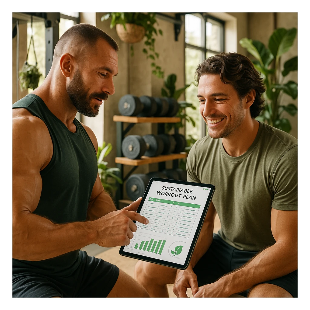 Hyperrealistic 4K image of a bodybuilding coach showing a sustainable workout plan on a tablet to a smiling client in a gym with eco-friendly details like plants and recycled material equipment. Motivational atmosphere with natural light and modern sustainable gym design. sticker