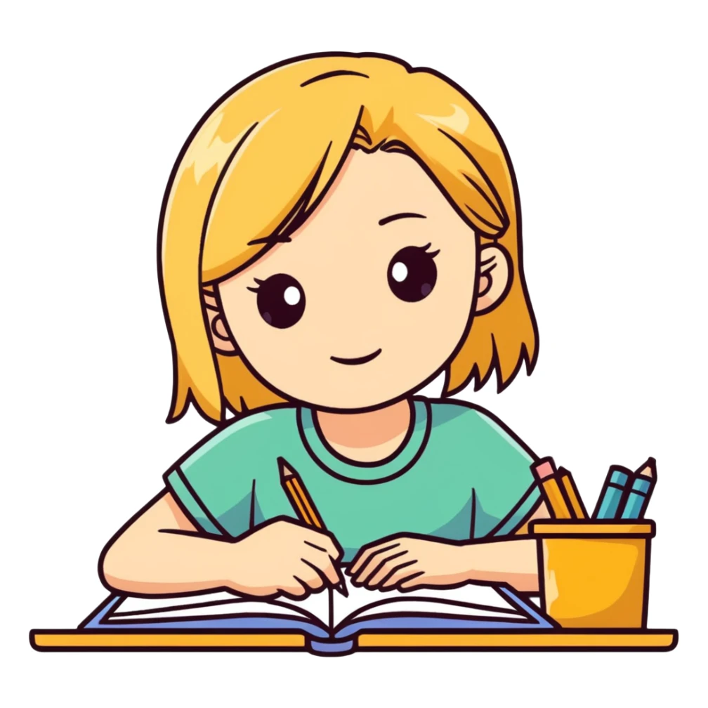 Blonde, hazel-eyed girl studying sticker