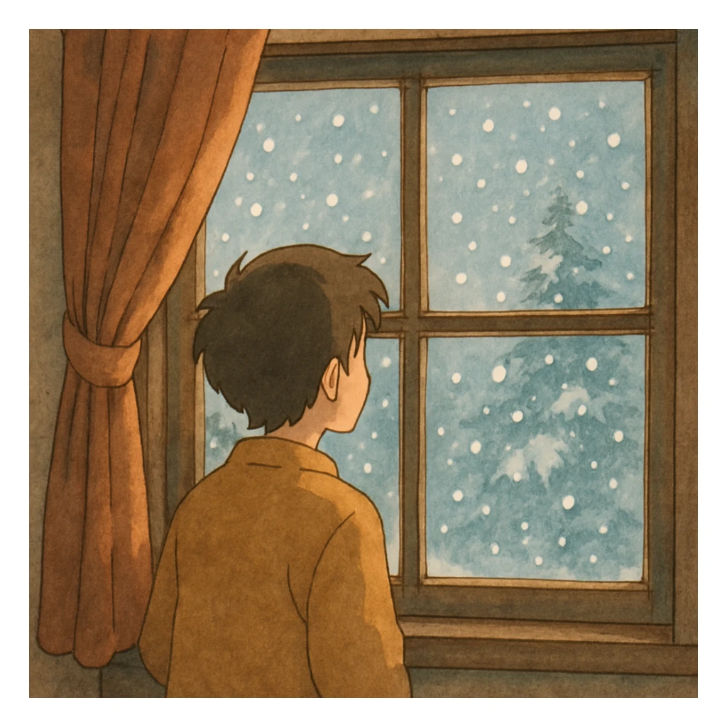 ghibli style illustration of someone watching snow fall through a window sticker