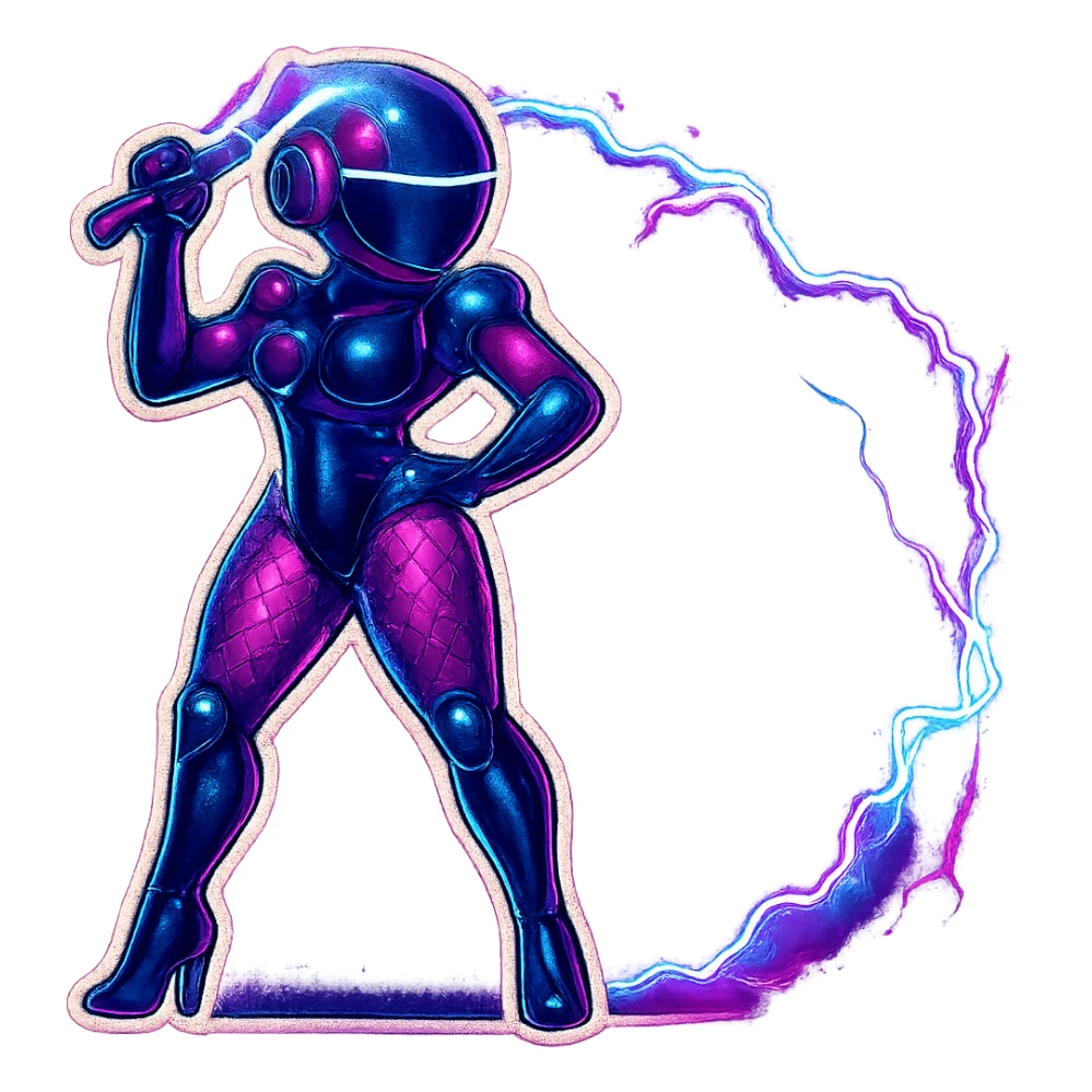 Add more electric energy and glowing sparks to the lightning whip, make the energy look intense and dynamic, keep the retro sticker style, glossy black and purple robot, transparent background. sticker