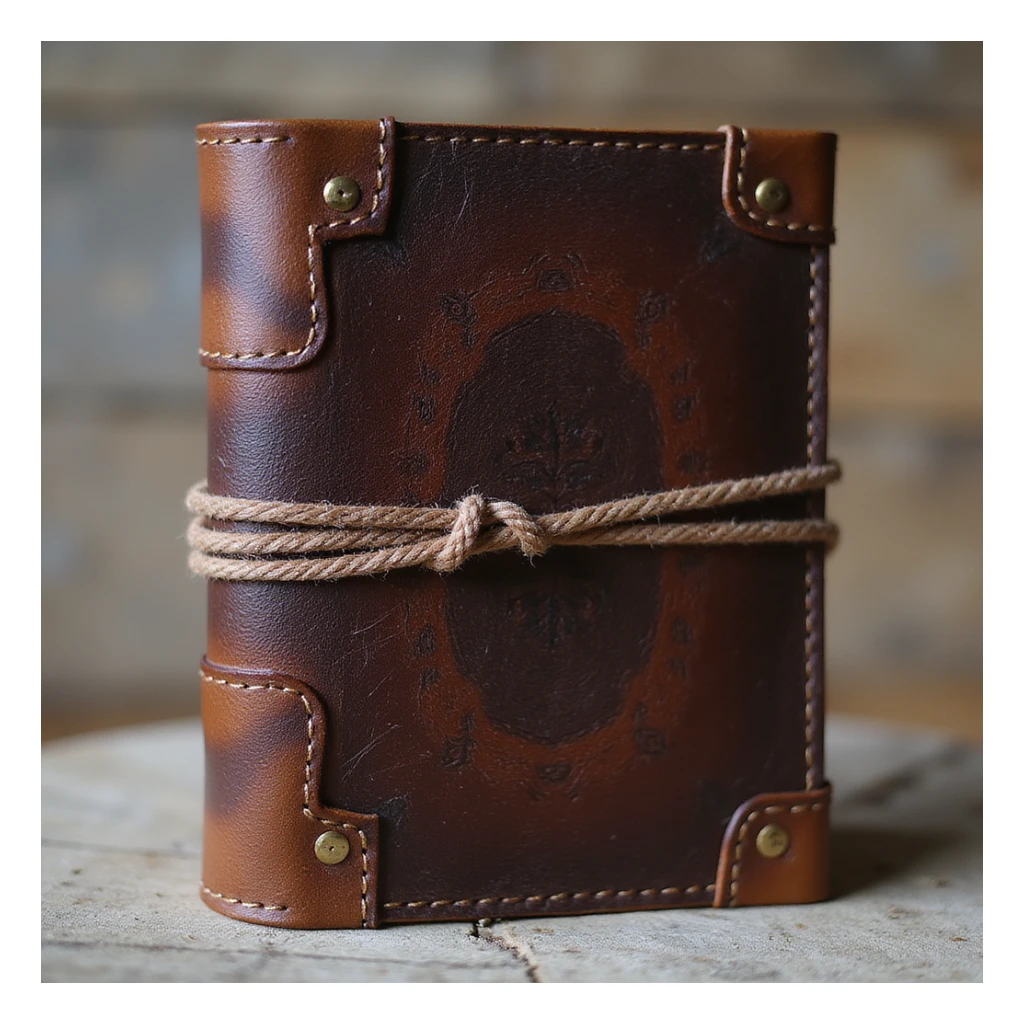 vintage style leather-bound journal, dark brown, wraparound strap, textured cover sticker