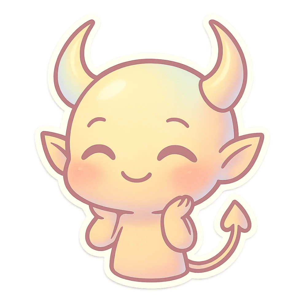 devil emoji, chibi style, holographic effect, iridescent pale yellow and peach, elegant horns, sweet smile sticker