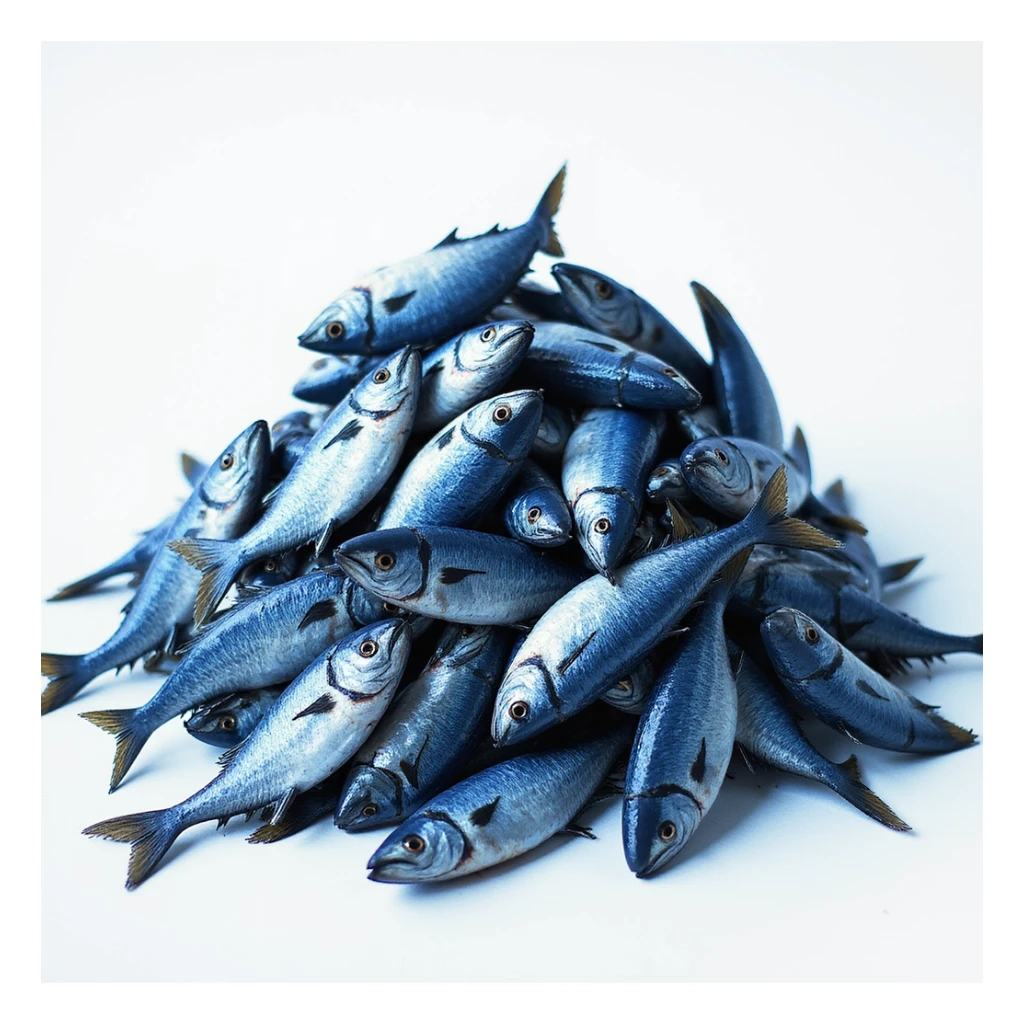 large, realistic pile of blue fish, loosely pyramid-shaped, not a perfect triangle, photorealistic style, variation 1 sticker
