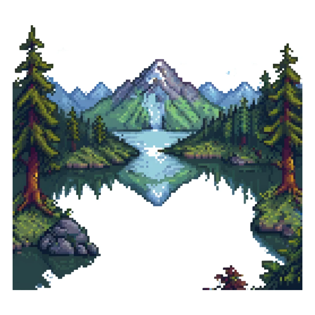 a lake surrounded by trees and mountains, pixel art style sticker