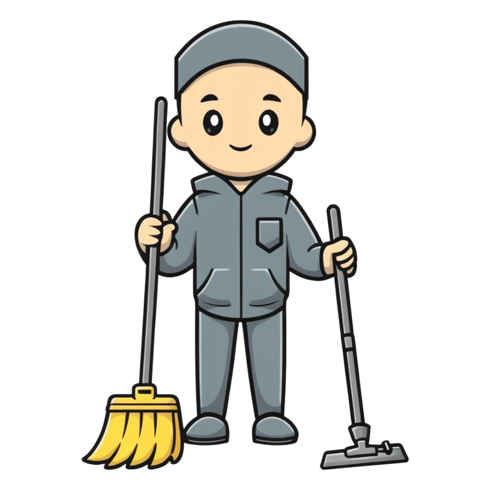 person in dark-grey custodian outfit with cleaning tools sticker