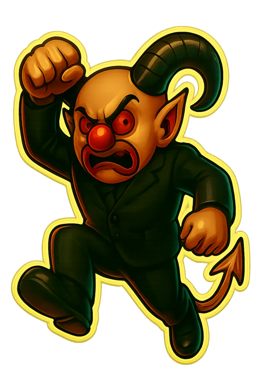 Evil clown wizard in retro sticker style, transparent background, leaping forward with one fist raised, wearing an all black suit, no pentagrams. Use the reference images for face, horns, and tail. sticker