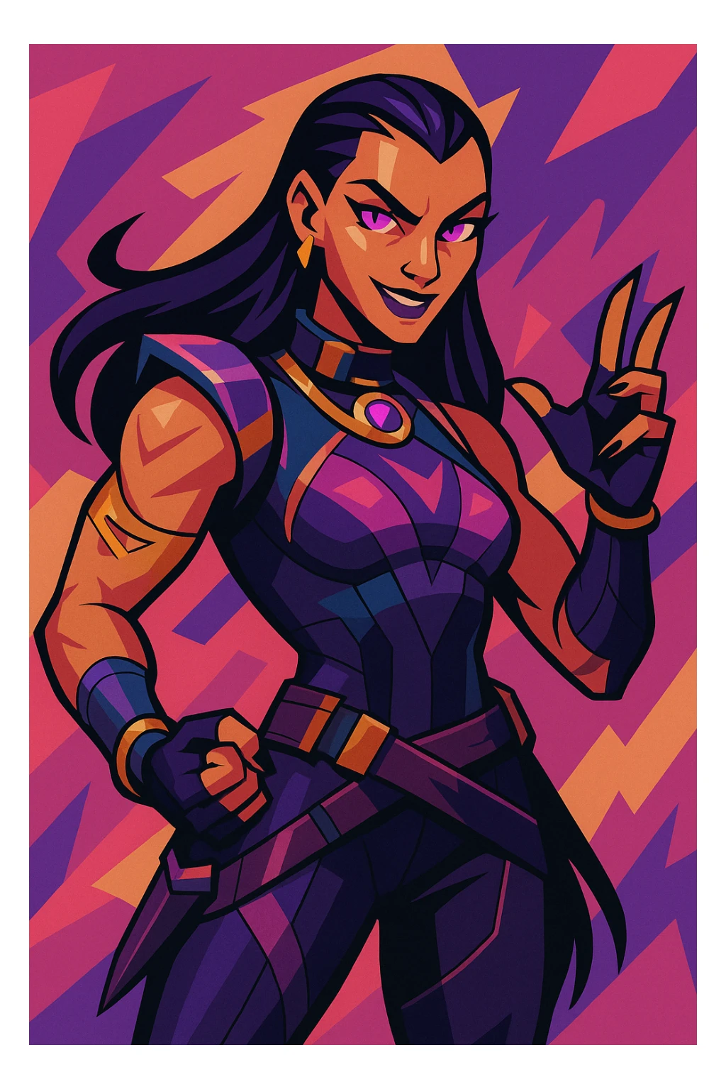 Valorant agent Reyna with purple eyes and long dark hair, confident expression, dynamic pose, detailed, vibrant colors, game character style sticker