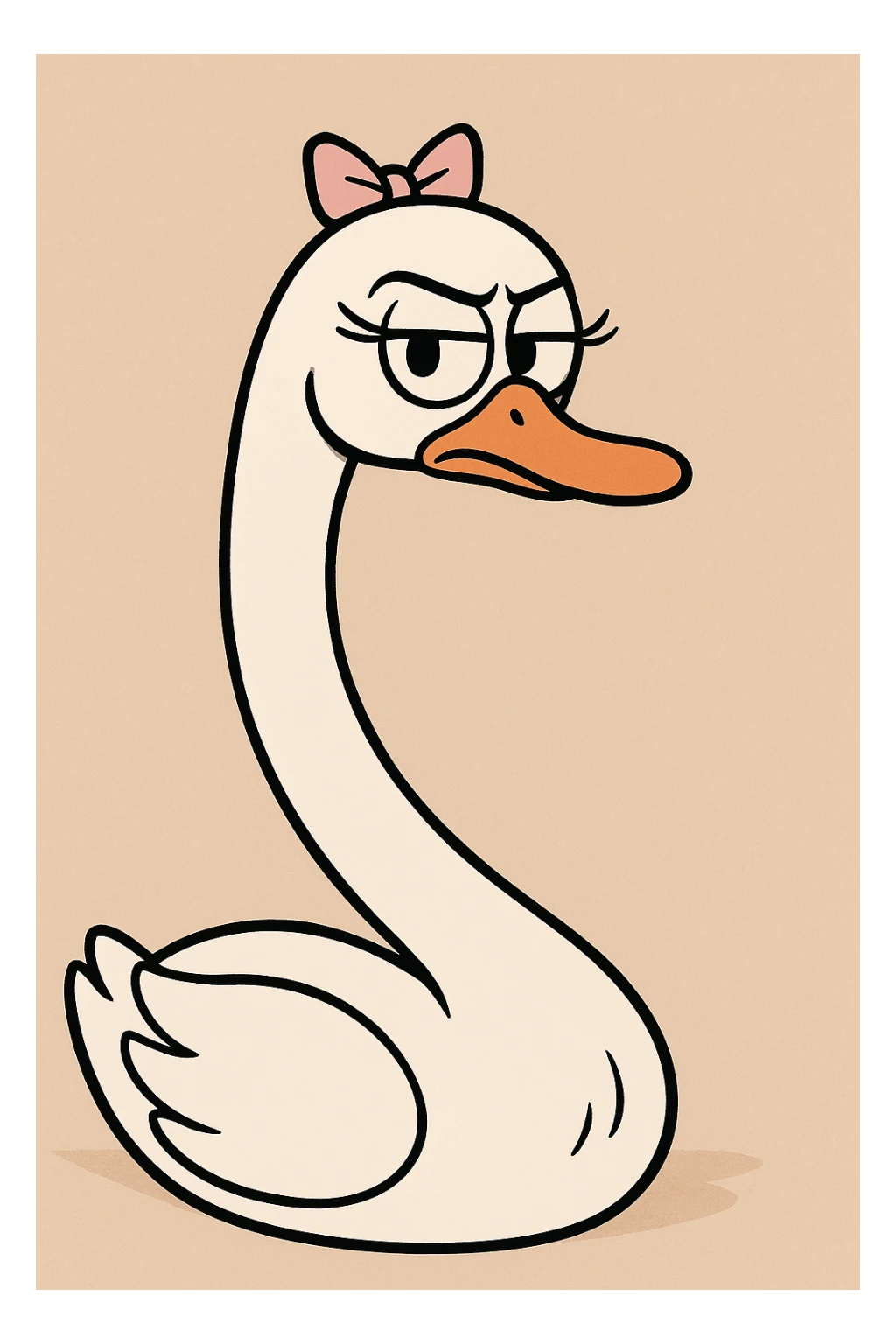 a white swan with a small pink bow on her head, cartoon style, soft colors, minimal background sticker