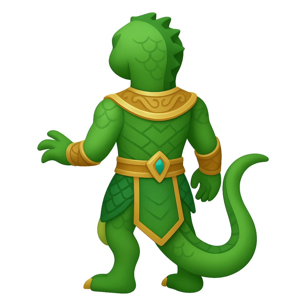 Create a full body reptilian humanoid in an ancient outfit, shown from the back view. Match the style and details of the reference image but adapt it to the emoji style. The background should be removed. The style is emoji-like, concise and simple, with clear details suitable for emoji representation. sticker