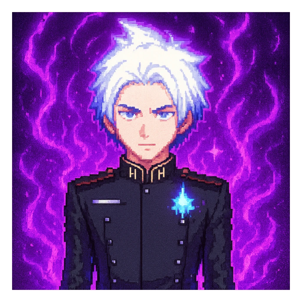 Add purple energy effects around Gojo Satoru in pixel art style, keeping the transparent background. The energy should be vivid and mystical, surrounding the character with glowing purple aura. sticker