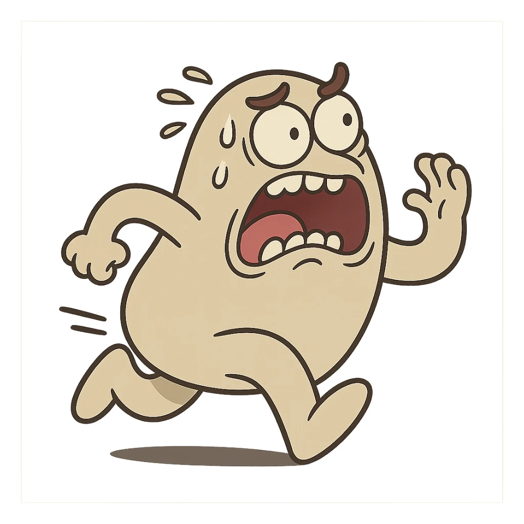 a frightened blobby creature fleeing, exaggerated face, minimal background sticker