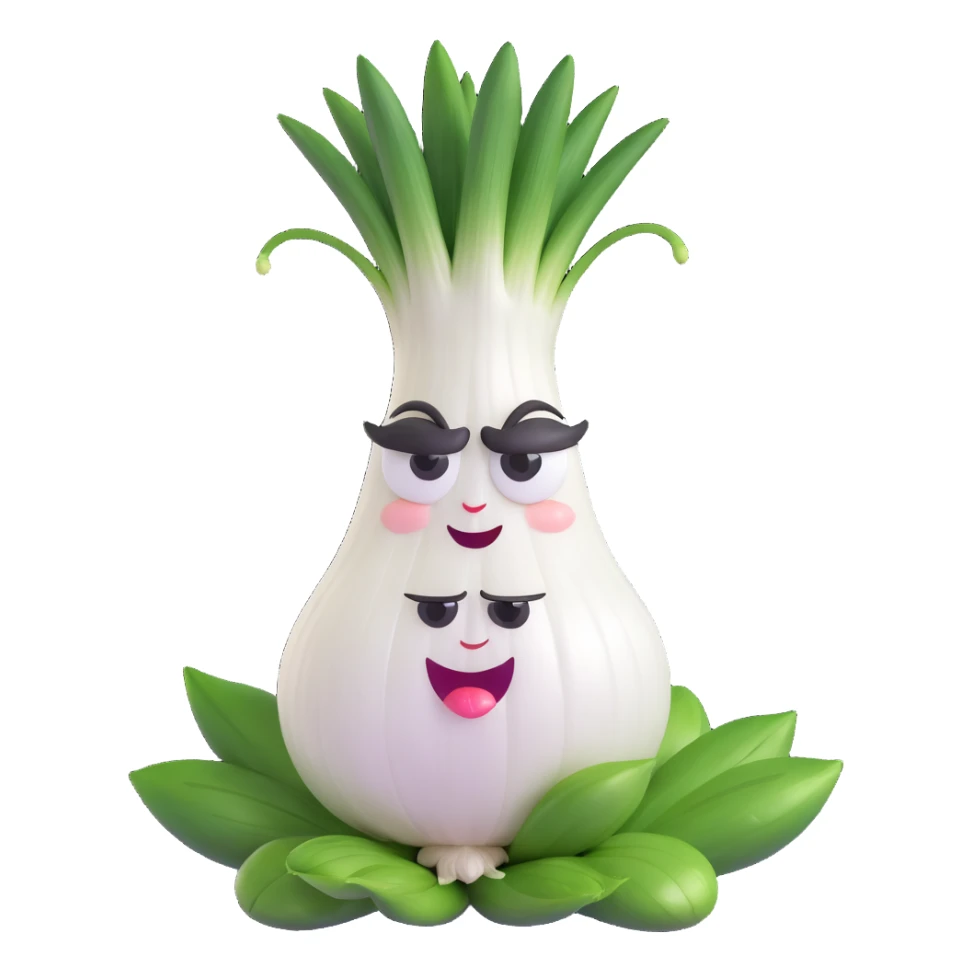cute and funny anthropomorphic green onion character, round white onion body, large expressive eyes, green leaves as hair, exaggerated crying face with onion juice tears spraying out dramatically, highly expressive and humorous pose, pastel kawaii style, smooth soft textures, high quality lighting sticker