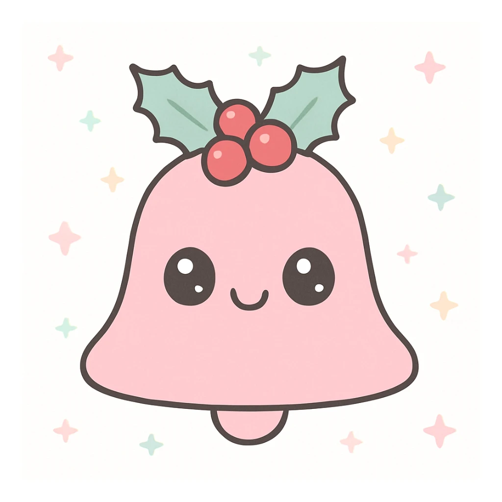 cute pink Christmas bell with holly, kawaii style sticker