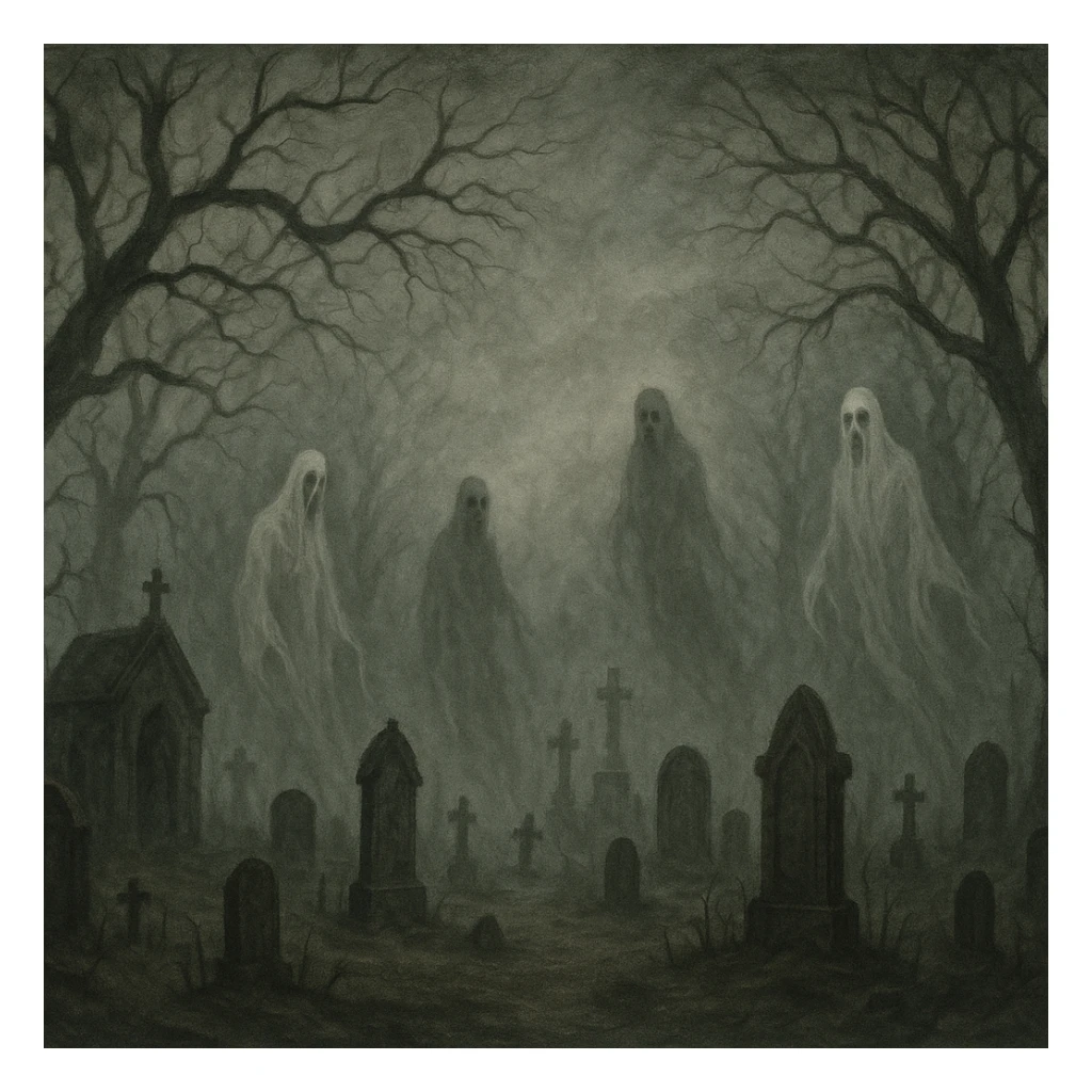 creepy banner, foggy graveyard, twisted trees, ghostly figures, muted colors, gothic art style sticker